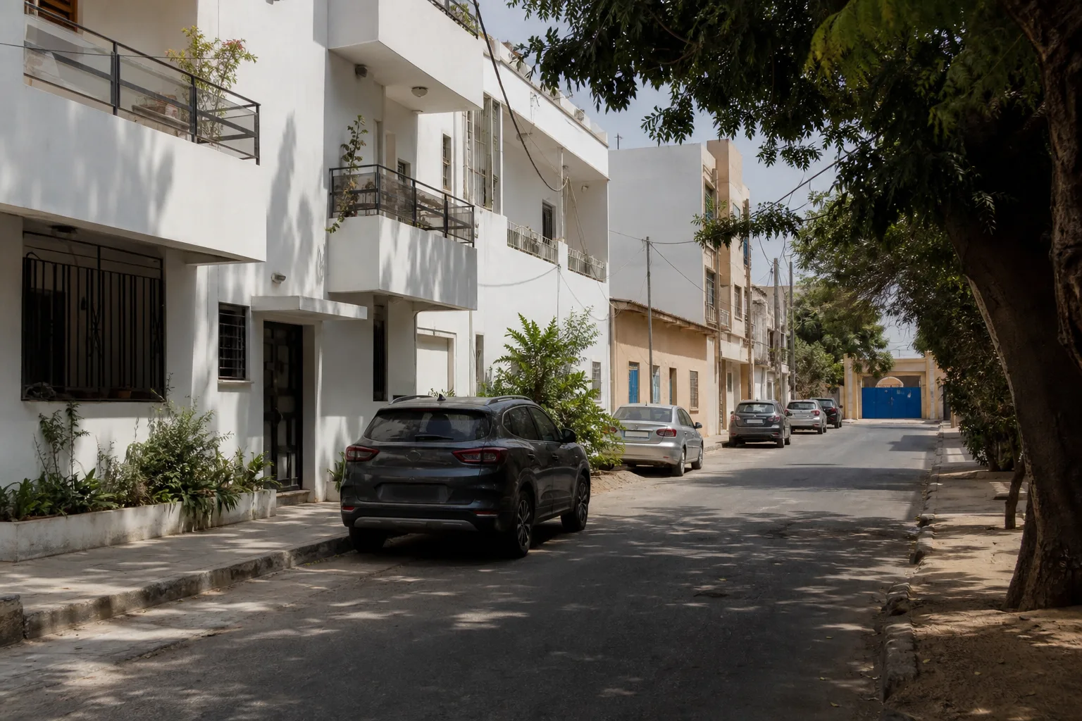 Rue résidentielle calme à Dakar, bordée de façades claires et d’arbres.